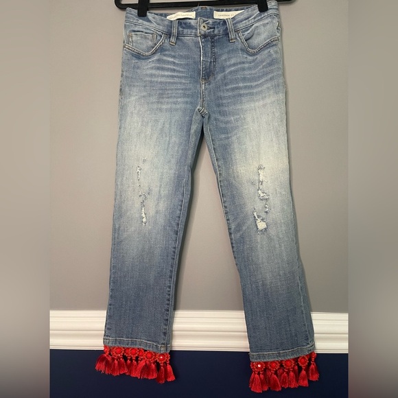 ANTHROPOLOGIE x Pilcro Light Blue Jeans with Red Beadwork and Tassels 26 - Picture 1 of 6